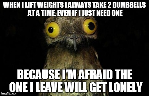 Weird Stuff I Do Potoo | WHEN I LIFT WEIGHTS I ALWAYS TAKE 2 DUMBBELLS AT A TIME, EVEN IF I JUST NEED ONE BECAUSE I'M AFRAID THE ONE I LEAVE WILL GET LONELY | image tagged in memes,weird stuff i do potoo,AdviceAnimals | made w/ Imgflip meme maker