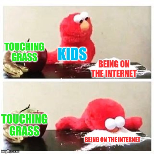 elmo cocaine | TOUCHING GRASS; KIDS; BEING ON THE INTERNET; TOUCHING GRASS; BEING ON THE INTERNET | image tagged in internet,outside,kids | made w/ Imgflip meme maker