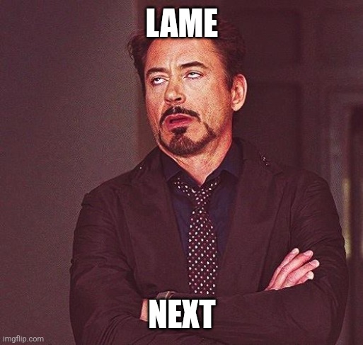 Robert Downey Jr Annoyed | LAME NEXT | image tagged in robert downey jr annoyed | made w/ Imgflip meme maker