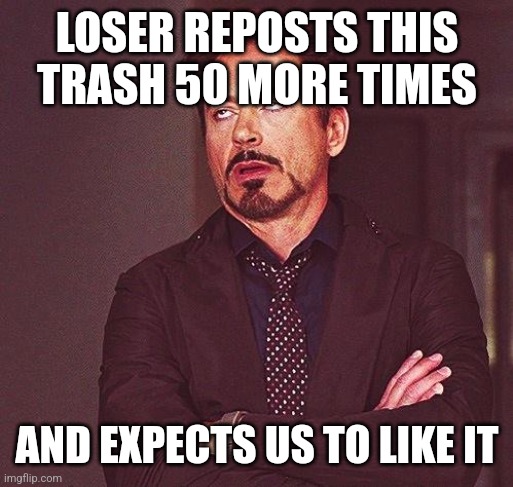 Robert Downey Jr Annoyed | LOSER REPOSTS THIS TRASH 50 MORE TIMES AND EXPECTS US TO LIKE IT | image tagged in robert downey jr annoyed | made w/ Imgflip meme maker