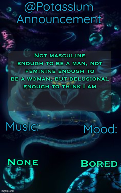 Now we wait | Not masculine enough to be a man, not feminine enough to be a woman, but delusional enough to think I am; None; Bored | image tagged in potassium s ghost leviathan template | made w/ Imgflip meme maker