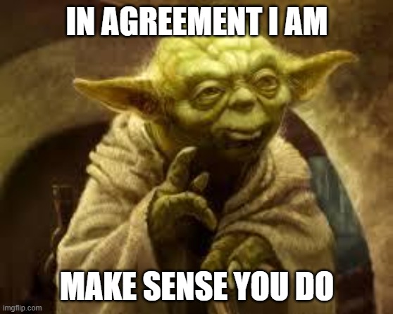 yoda | IN AGREEMENT I AM MAKE SENSE YOU DO | image tagged in yoda | made w/ Imgflip meme maker