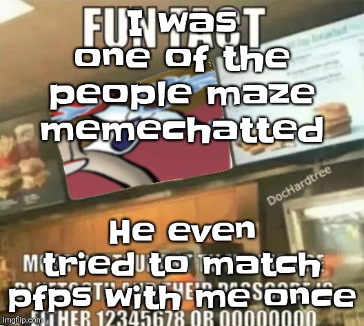 Fun fact | I was one of the people maze memechatted; He even tried to match pfps with me once | image tagged in fun fact | made w/ Imgflip meme maker