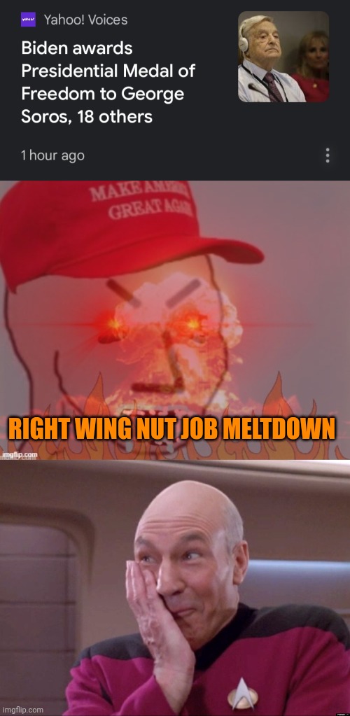 RIGHT WING NUT JOB MELTDOWN | image tagged in george soros,joe biden,troll award,right wing nut job meltdown | made w/ Imgflip meme maker