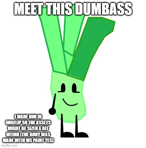 Scalli the Scallion | MEET THIS DUMBASS; I MADE HIM IN IMGFLIP SO THE ASSETS MIGHT BE SIZED A BIT WEIRD (THE BODY WAS MADE WITH MS PAINT YES) | image tagged in scalli the scallion | made w/ Imgflip meme maker