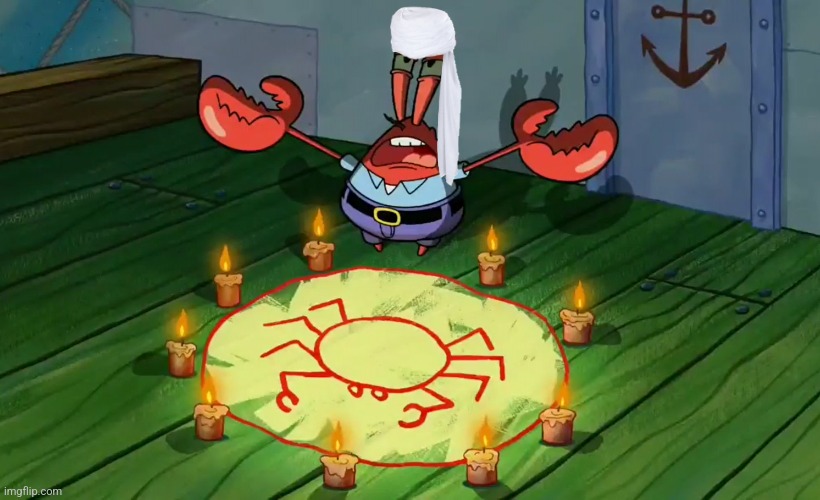 Mr. Krabs prays to Allah | image tagged in mr crabs summons pray circle | made w/ Imgflip meme maker