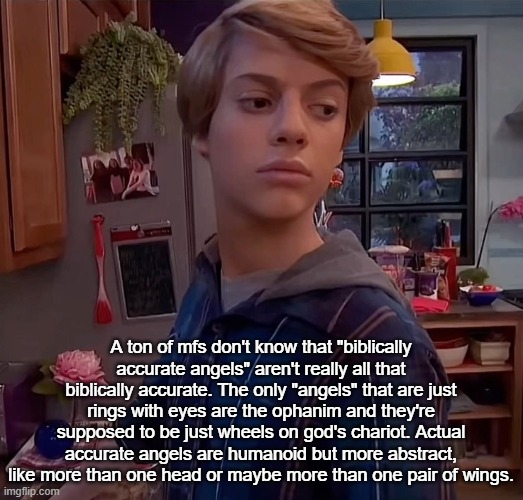 henry danger side eye | A ton of mfs don't know that "biblically accurate angels" aren't really all that biblically accurate. The only "angels" that are just rings with eyes are the ophanim and they're supposed to be just wheels on god's chariot. Actual accurate angels are humanoid but more abstract, like more than one head or maybe more than one pair of wings. | image tagged in henry danger side eye | made w/ Imgflip meme maker