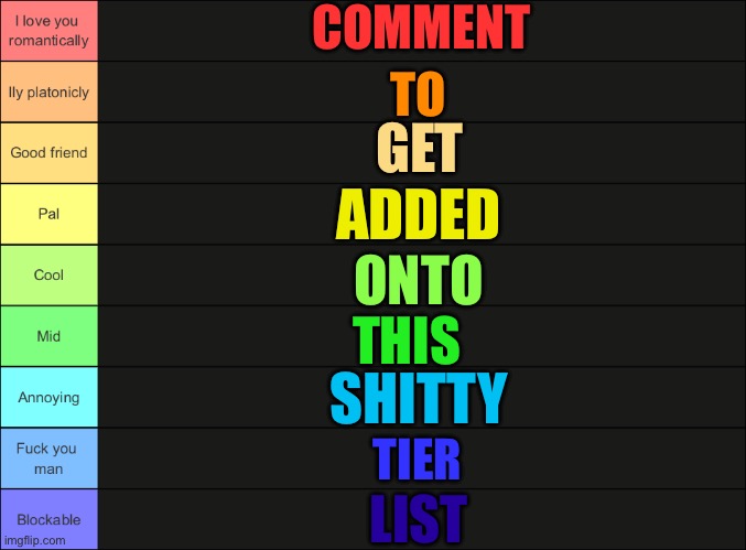 Potassium’s tier list | COMMENT; TO; GET; ADDED; ONTO; THIS; SHITTY; TIER; LIST | image tagged in potassium s tier list | made w/ Imgflip meme maker