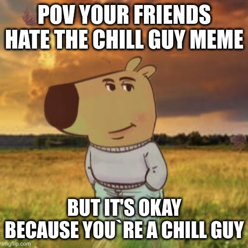 I hate chill guy with every fiber of my being | POV YOUR FRIENDS HATE THE CHILL GUY MEME; BUT IT'S OKAY BECAUSE YOU`RE A CHILL GUY | image tagged in chill guy | made w/ Imgflip meme maker