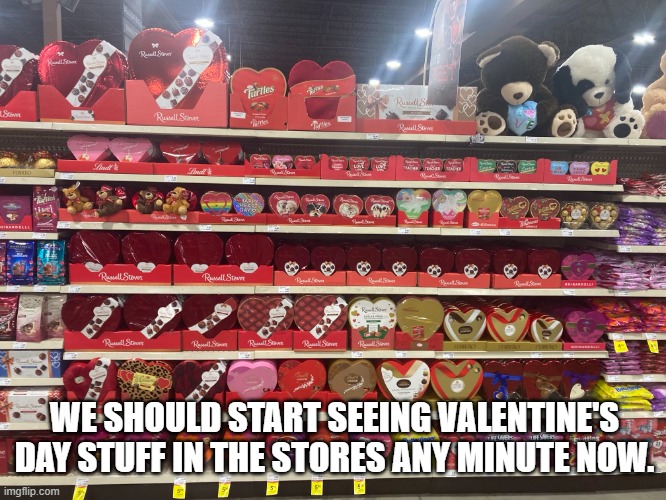 Valentine's Day already. | WE SHOULD START SEEING VALENTINE'S DAY STUFF IN THE STORES ANY MINUTE NOW. | image tagged in valentine's day,holidays,holiday shopping,candy,hearts,chocolate | made w/ Imgflip meme maker