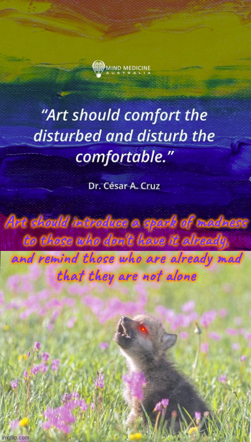 Conflating delusion with reality is the distinction between being insane and being mentally disturbed | Art should introduce a spark of madness
to those who don't have it already,
and remind those who are already mad
that they are not alone | image tagged in memes,baby insanity wolf | made w/ Imgflip meme maker