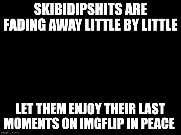 To the skibidipshit feeders of this stream | SKIBIDIPSHITS ARE FADING AWAY LITTLE BY LITTLE; LET THEM ENJOY THEIR LAST MOMENTS ON IMGFLIP IN PEACE | made w/ Imgflip meme maker