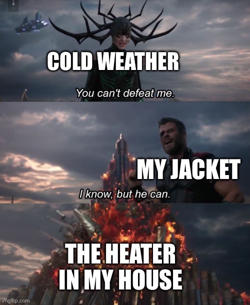 I do not like cold weather | COLD WEATHER; MY JACKET; THE HEATER IN MY HOUSE | image tagged in you can't defeat me,cold weather,winter,why are you reading this | made w/ Imgflip meme maker