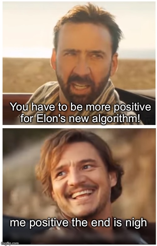 Pedro Pascal and Nic. Cage car scene | You have to be more positive for Elon's new algorithm! me positive the end is nigh | image tagged in pedro pascal and nic cage car scene | made w/ Imgflip meme maker