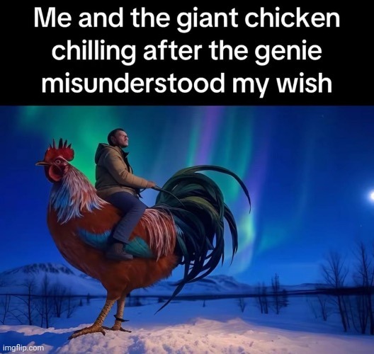 A wish misunderstood | image tagged in chicken,genie,wish,memes,repost,reposts | made w/ Imgflip meme maker