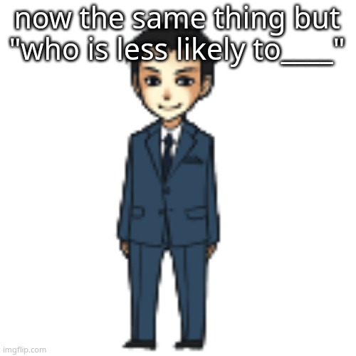 Moriarty but a shimeji | now the same thing but "who is less likely to____" | image tagged in moriarty but a shimeji | made w/ Imgflip meme maker