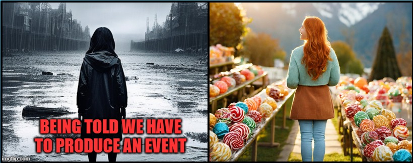 Event Production | BEING TOLD WE HAVE TO PRODUCE AN EVENT | image tagged in dystopian contrast,assignment,school,project,event | made w/ Imgflip meme maker