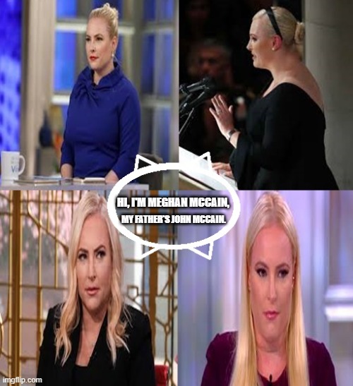 Meghan McCain | HI, I'M MEGHAN MCCAIN, MY FATHER'S JOHN MCCAIN. | image tagged in meghan mccain,john mccain,conservatives,repuplicans,the view | made w/ Imgflip meme maker