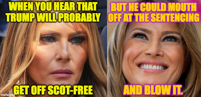 We're all pulling for you. | WHEN YOU HEAR THAT
TRUMP WILL PROBABLY; BUT HE COULD MOUTH
OFF AT THE SENTENCING; AND BLOW IT. GET OFF SCOT-FREE | image tagged in memes,melania | made w/ Imgflip meme maker