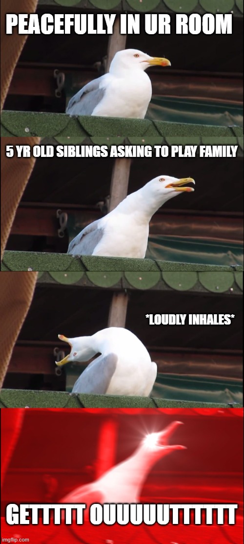 "(name) PLAY FAMILLYYY WIIITTHH MEEE!!!! YOU BE THE BABY!" | PEACEFULLY IN UR ROOM; 5 YR OLD SIBLINGS ASKING TO PLAY FAMILY; *LOUDLY INHALES*; GETTTTT OUUUUUTTTTTT | image tagged in memes,inhaling seagull | made w/ Imgflip meme maker