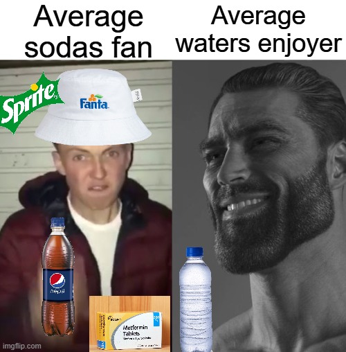 Average Fan vs Average Enjoyer | Average sodas fan; Average waters enjoyer | image tagged in average fan vs average enjoyer | made w/ Imgflip meme maker