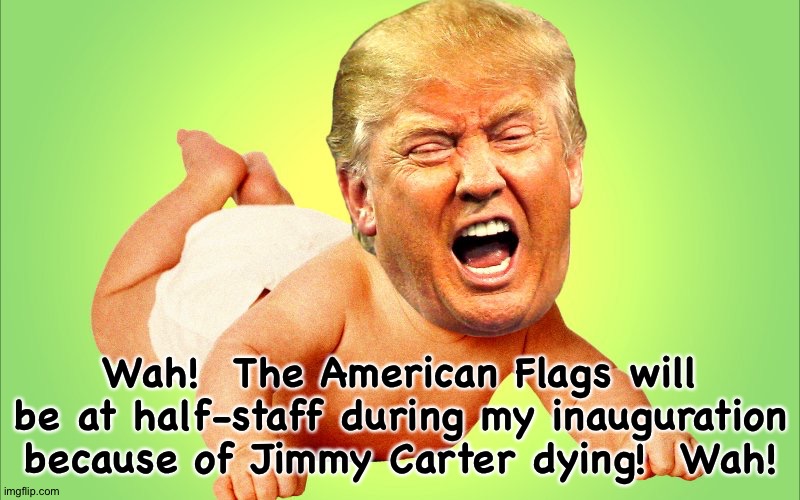 Is there ANYTHING Trump won't whine about? | Wah!  The American Flags will be at half-staff during my inauguration because of Jimmy Carter dying!  Wah! | image tagged in baby trump | made w/ Imgflip meme maker