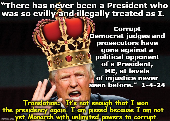 Corrupt Criminal Throws a Pity Party | Corrupt Democrat judges and prosecutors have gone against a political opponent of a President, ME, at levels of injustice never seen before.”  1-4-24; “There has never been a President who was so evilly and illegally treated as I. Translation:  It’s not enough that I won the presidency again. I am pissed because I am not  
 yet Monarch with unlimited powers to corrupt. | image tagged in criminal minds,donald trump,stupid criminals,maga,time magazine person of the year,donald trump memes | made w/ Imgflip meme maker