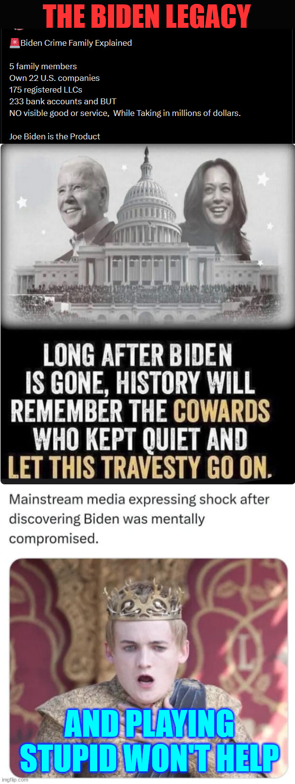 The Biden legacy | THE BIDEN LEGACY; AND PLAYING STUPID WON'T HELP | image tagged in biden crime family,legacy,msm,complicit | made w/ Imgflip meme maker