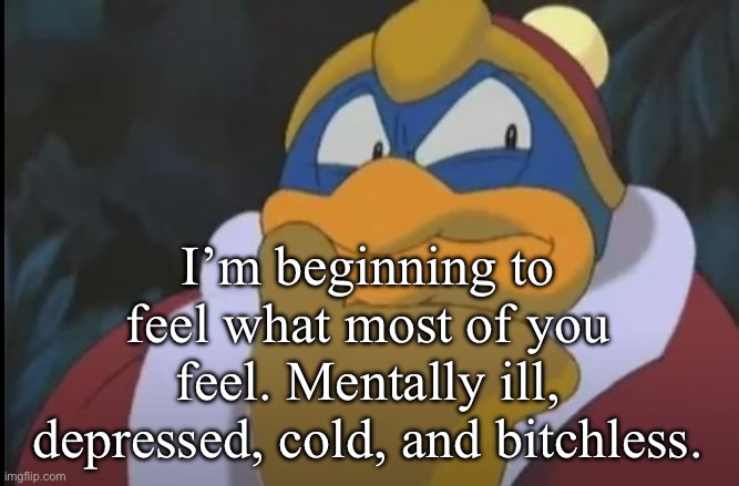 I’m starting to hate myself and lose faith in reality | I’m beginning to feel what most of you feel. Mentally ill, depressed, cold, and bitchless. | image tagged in king dedede thinking | made w/ Imgflip meme maker