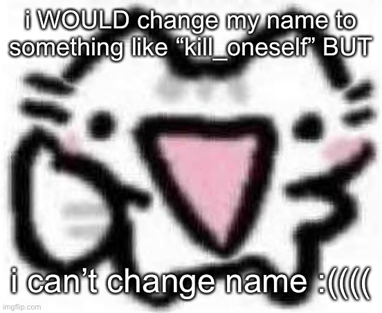 silly cat thumbs up (content aware scale) | i WOULD change my name to something like “kill_oneself” BUT; i can’t change name :(((( | image tagged in silly cat thumbs up content aware scale | made w/ Imgflip meme maker