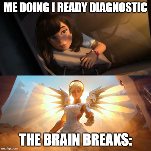 I-Ready is a torture device :( | ME DOING I READY DIAGNOSTIC; THE BRAIN BREAKS: | image tagged in overwatch mercy meme | made w/ Imgflip meme maker