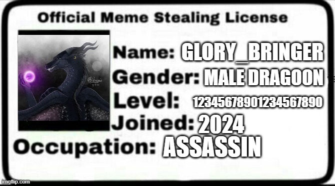 Meme Stealing License | GLORY_BRINGER; MALE DRAGOON; 12345678901234567890; 2024; ASSASSIN | image tagged in meme stealing license | made w/ Imgflip meme maker