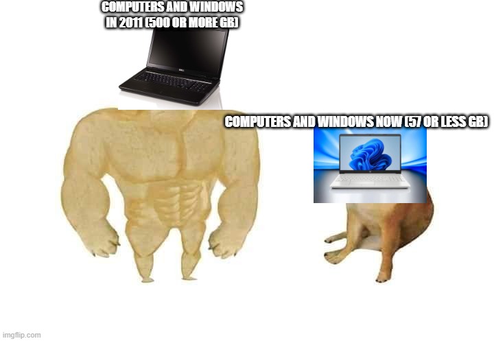 Computers Then And Now | COMPUTERS AND WINDOWS IN 2011 (500 OR MORE GB); COMPUTERS AND WINDOWS NOW (57 OR LESS GB) | image tagged in doge then and now,computers are trash now | made w/ Imgflip meme maker