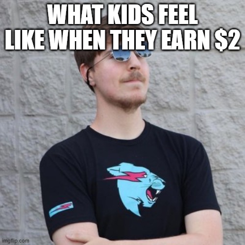 Mr. Beast | WHAT KIDS FEEL LIKE WHEN THEY EARN $2 | image tagged in mr beast | made w/ Imgflip meme maker