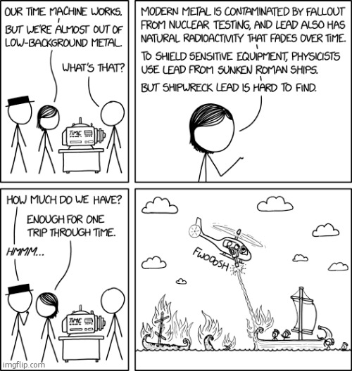 Low Background Metal | image tagged in xkcd,comics,time travel,lead,romans | made w/ Imgflip meme maker