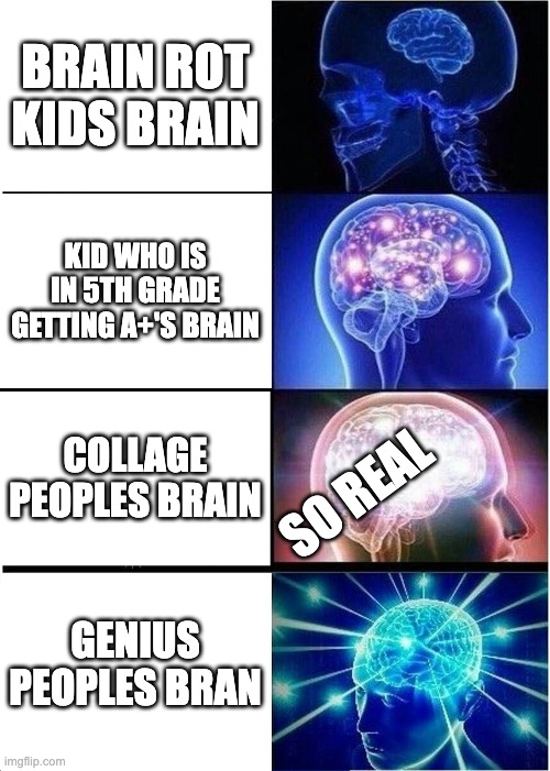 Expanding Brain | BRAIN ROT KIDS BRAIN; KID WHO IS IN 5TH GRADE GETTING A+'S BRAIN; COLLAGE PEOPLES BRAIN; SO REAL; GENIUS PEOPLES BRAN | image tagged in memes,expanding brain | made w/ Imgflip meme maker