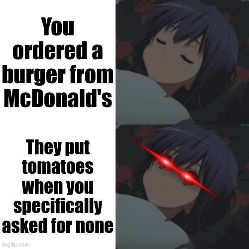 I thought I hated tomatoes until I saw Rikka | You ordered a burger from McDonald's; They put tomatoes when you specifically asked for none | image tagged in rikka i sleep meme,chuunibyou,rikka | made w/ Imgflip meme maker