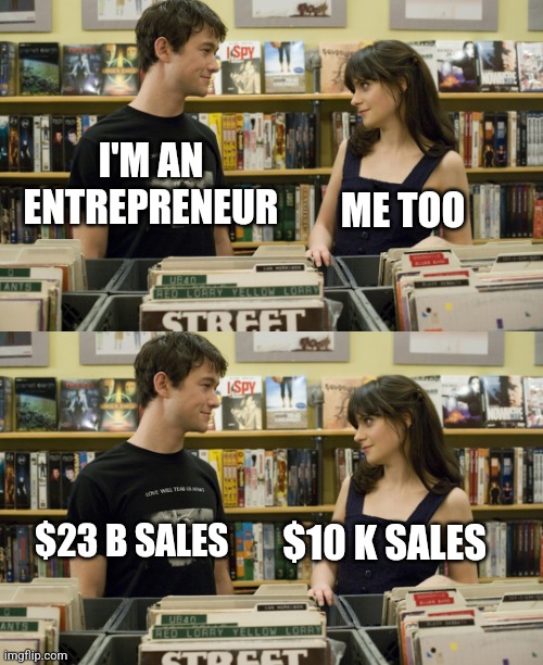 Im an entrepreneur | ME TOO; I'M AN ENTREPRENEUR; $10 K SALES; $23 B SALES | image tagged in i love _ me too | made w/ Imgflip meme maker