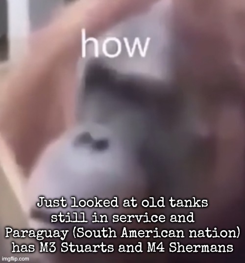 Those tanks are like 70+ years old | Just looked at old tanks still in service and Paraguay (South American nation) has M3 Stuarts and M4 Shermans | image tagged in how,msmg,paraguay | made w/ Imgflip meme maker