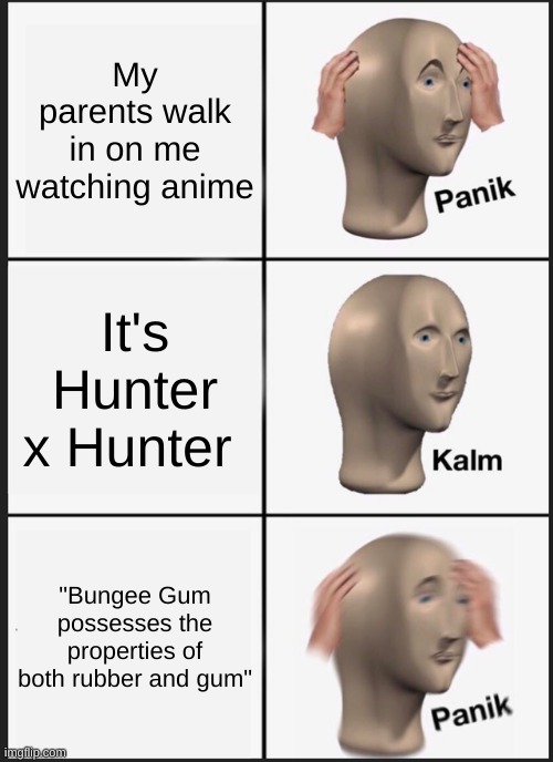 And I thought I was safe this time | My parents walk in on me watching anime; It's Hunter x Hunter; "Bungee Gum possesses the properties of both rubber and gum" | image tagged in memes,panik kalm panik,hxh,anime | made w/ Imgflip meme maker