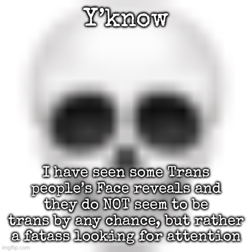 :skull: | Y’know; I have seen some Trans people’s Face reveals and they do NOT seem to be trans by any chance, but rather a fatass looking for attention | image tagged in skull emoji,msmg | made w/ Imgflip meme maker