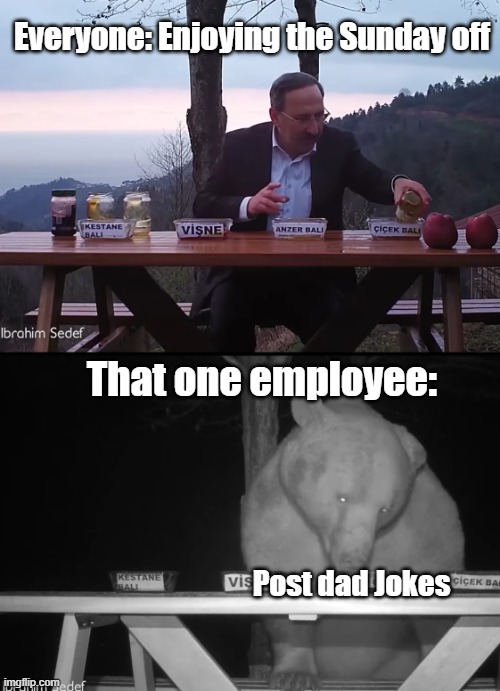 The dads never rest | Everyone: Enjoying the Sunday off; That one employee:; Post dad Jokes | image tagged in ibrahim sedef | made w/ Imgflip meme maker