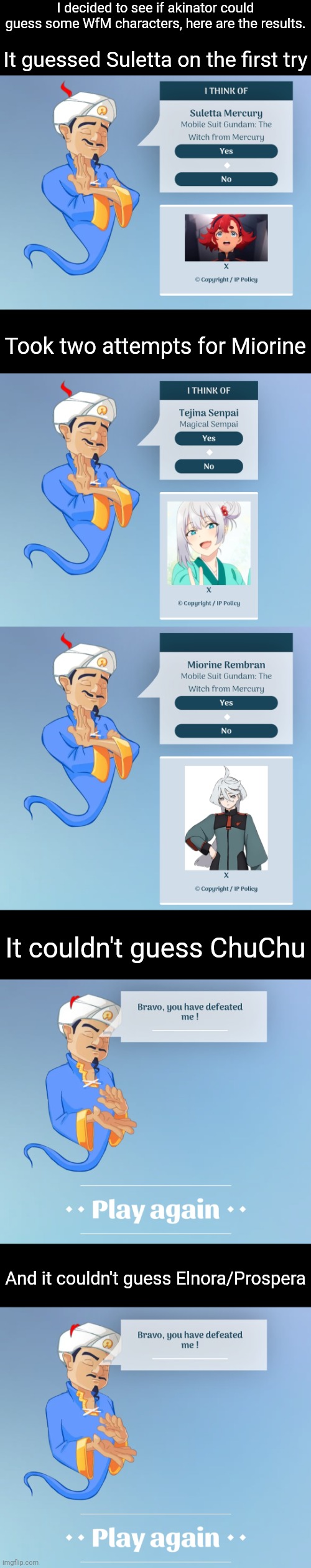 First time using Akinator | I decided to see if akinator could guess some WfM characters, here are the results. It guessed Suletta on the first try; Took two attempts for Miorine; It couldn't guess ChuChu; And it couldn't guess Elnora/Prospera | image tagged in black box | made w/ Imgflip meme maker