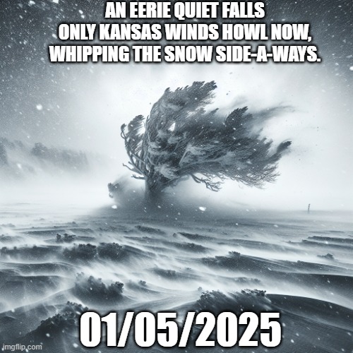 WINTER STORM BLAIR | AN EERIE QUIET FALLS
ONLY KANSAS WINDS HOWL NOW,
WHIPPING THE SNOW SIDE-A-WAYS. 01/05/2025 | image tagged in snow storm | made w/ Imgflip meme maker