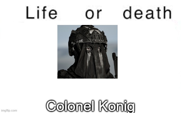 Life or death | Colonel Konig | image tagged in life or death,memes,msmg | made w/ Imgflip meme maker