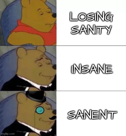 What's the opposite of sanen't now | LOSING SANITY; INSANE; SANEN'T | image tagged in fancy pooh,memes,tuxedo winnie the pooh 3 panel | made w/ Imgflip meme maker