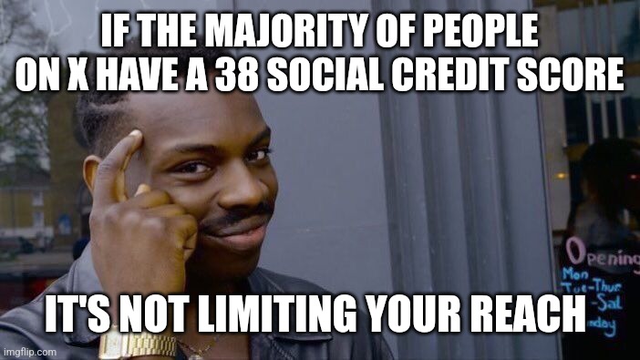 Roll Safe Think About It | IF THE MAJORITY OF PEOPLE ON X HAVE A 38 SOCIAL CREDIT SCORE; IT'S NOT LIMITING YOUR REACH | image tagged in memes,roll safe think about it,funny memes | made w/ Imgflip meme maker