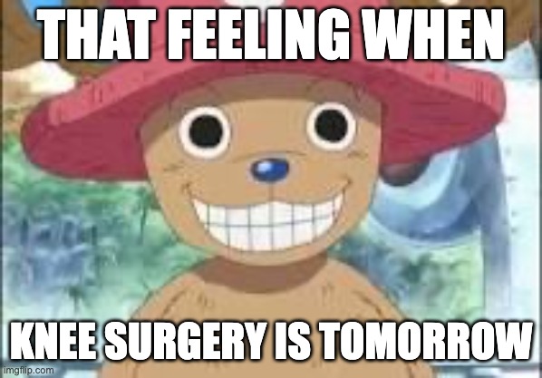 let's reboot this meme then! (but differently) | THAT FEELING WHEN; KNEE SURGERY IS TOMORROW | image tagged in chopper smiling,memes,funny,blue grinch,knee surgery | made w/ Imgflip meme maker