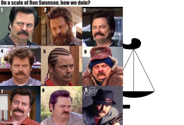 On a Scale of | On a scale of Ron Swanson, how we doin? 3; 2; 1; 4; 5; 6; 9; 7; 8 | image tagged in on a scale of | made w/ Imgflip meme maker