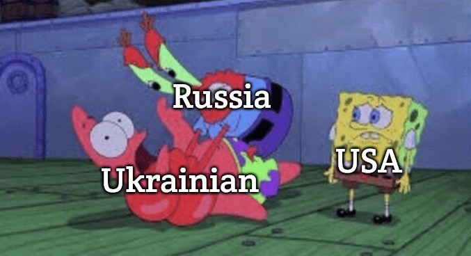 Mr. Krabs Choking Patrick | Russia; Ukrainian; USA | image tagged in mr krabs choking patrick,slavic | made w/ Imgflip meme maker